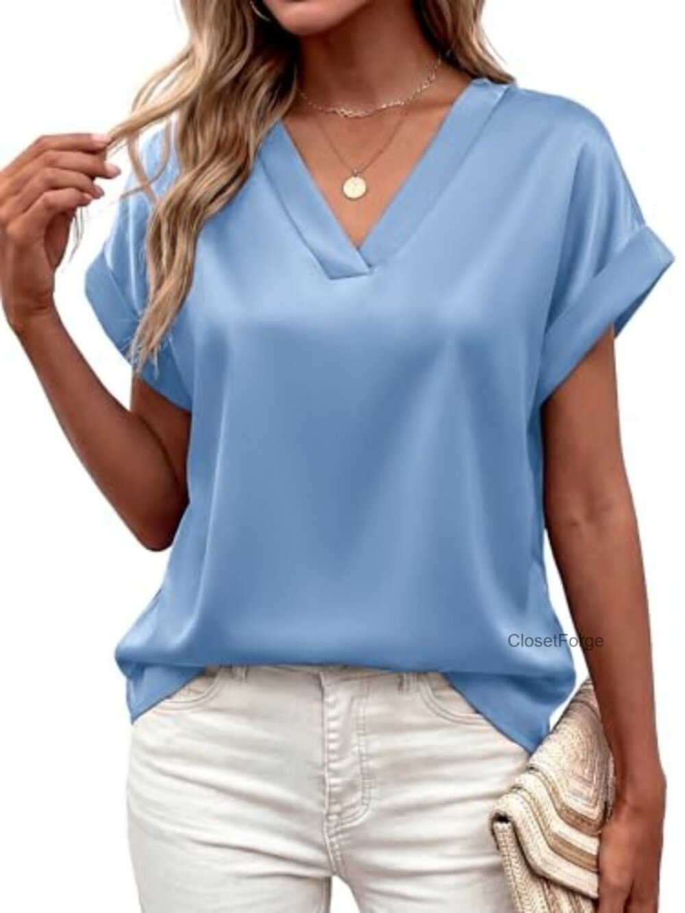 V Neck Satin Silk Blouse Dressy Short Sleeve Top